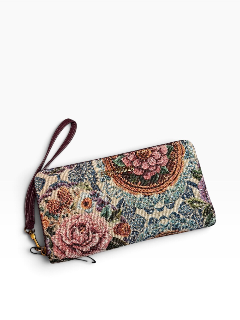 Steve Madden Multicolor Floral Tapestry Large Wristlet Wallet w/ Burgundy Strap